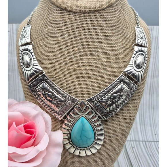 NWOT Silver Tone & Faux Turquoise Teardrop Bib Collar Necklace Southwestern 22" - Picture 3 of 10